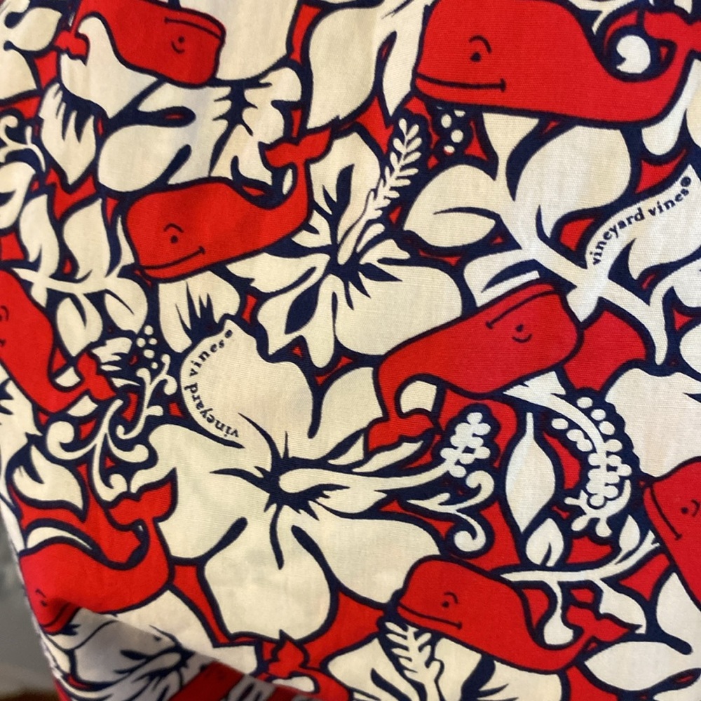 Floral Red and White Wrap Dress with Navy Trim - Picture 4 of 9